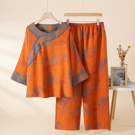 Ownkoti Vintage Orange Landscape Cotton Pajama Set - Orange - One Size - image 0
