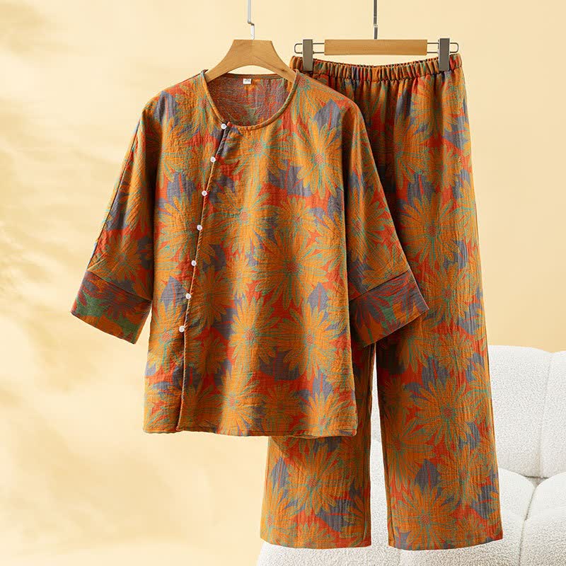 Ownkoti Retro Sunflower Pure Cotton Pajama Set - Orange - One size - image 7