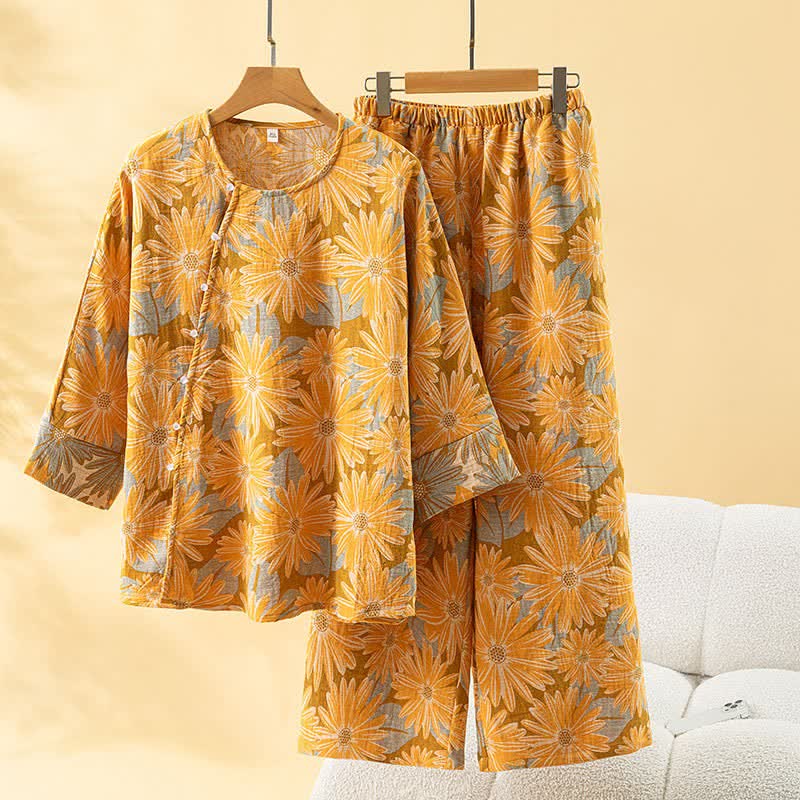 Ownkoti Retro Sunflower Pure Cotton Pajama Set - Yellow - One size - image 5