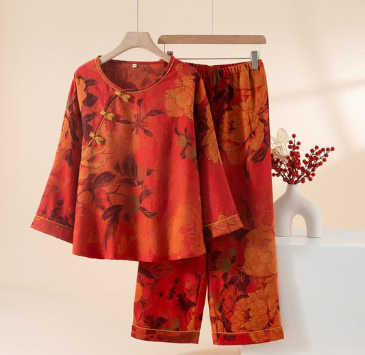 Ownkoti Luxurious Peony Pure Cotton Pajama Set - Red - XL - image 0