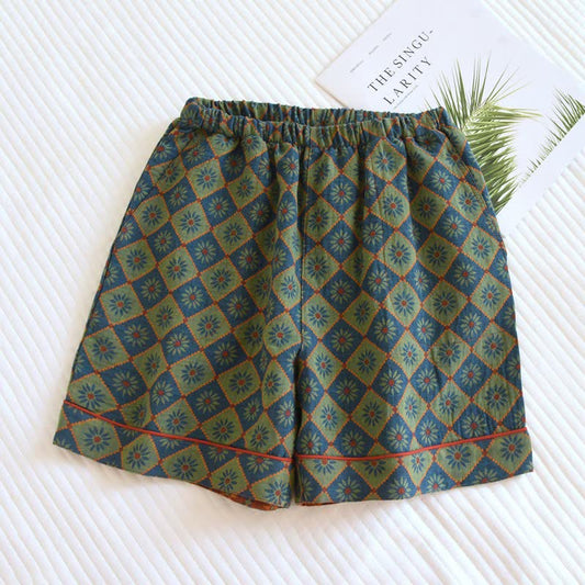 Ownkoti Plaid & Floral Cotton Gauze Pajama Shorts - Blue - 2PCS - XL - image 0