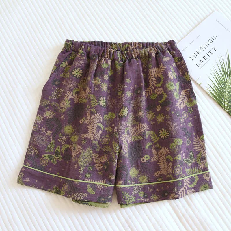 Ownkoti Purple Mimosa Cotton Gauze Pajama Shorts - Purple - 2PCS - XL - image 0