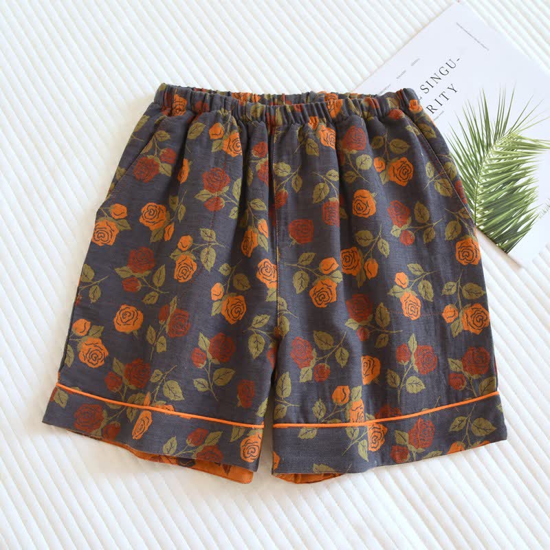 Ownkoti Pastoral Rose Cotton Gauze Pajama Shorts - Gray - 2PCS - XL - image 0