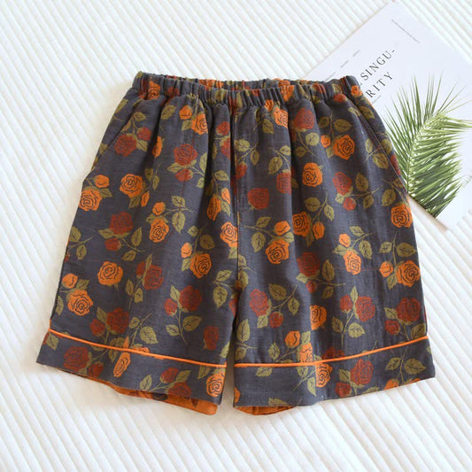 Ownkoti Pastoral Rose Cotton Gauze Pajama Shorts - Gray - 2PCS - XL - image 0