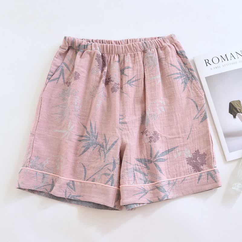 Ownkoti Bamboo Leaf Cotton Gauze Pajama Shorts - Pink - 2PCS - XL - image 0
