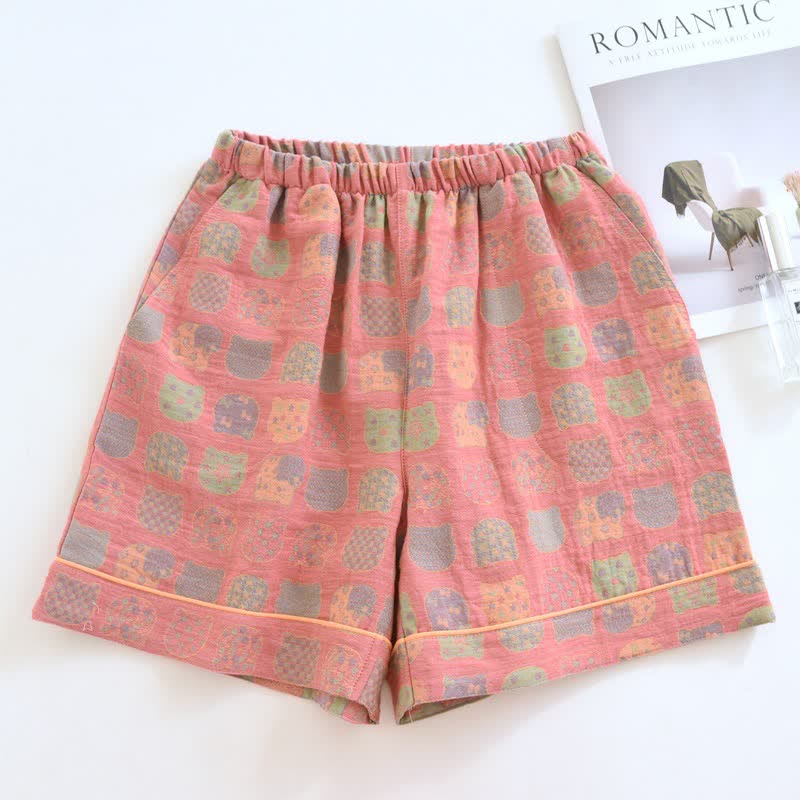 Ownkoti Pink Cat Cotton Gauze Pajama Shorts - Pink - 2PCS - XL - image 0