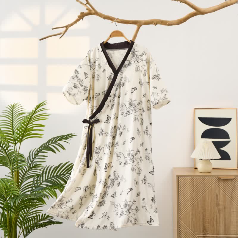 Ownkoti Floral Butterfly Print Padded Tie Nightgown with Pocket - image 0