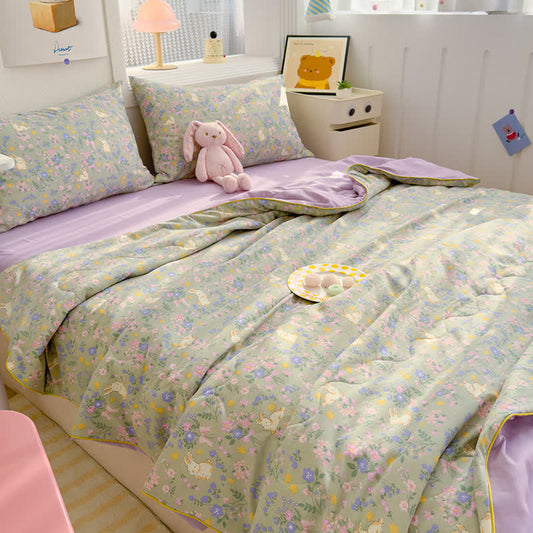 Ownkoti Fairytale Bunny & Floral Cotton Quilt - Green & Purple - Queen - image 0