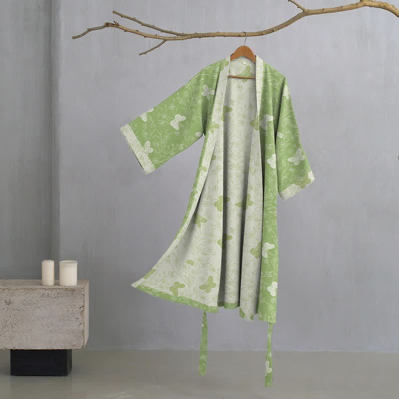 Ownkoti Double Gauze Green Butterfly Cotton Kimono Robe - Green - XL - image 0