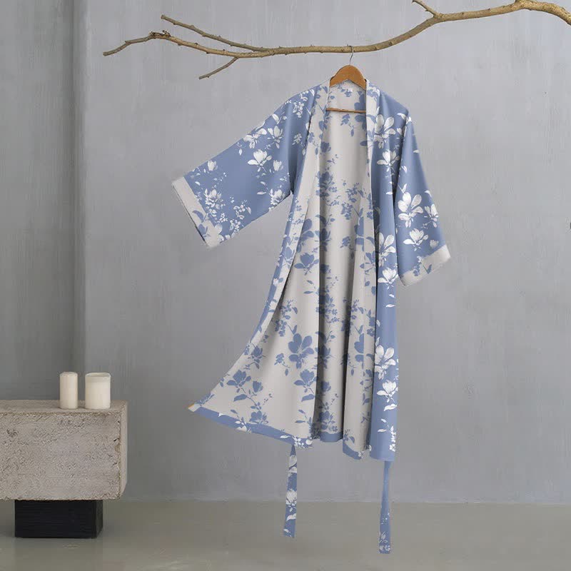 Ownkoti Double Gauze Elegant Floral Cotton Kimono Robe - Blue - 2XL - image 0