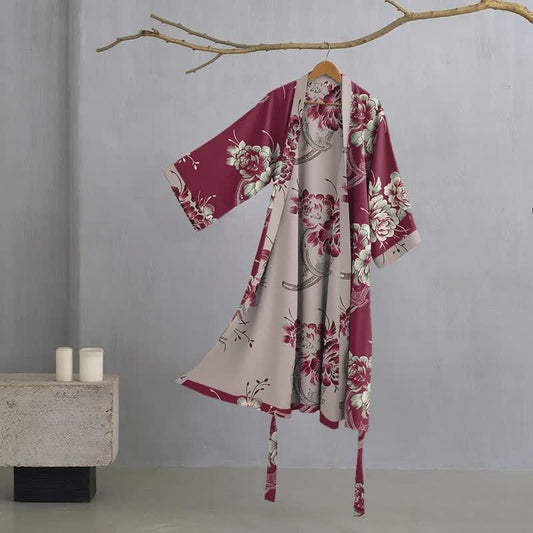Ownkoti Luxurious Peony Double Gauze Cotton Kimono Robe - Wine - XL - image 0