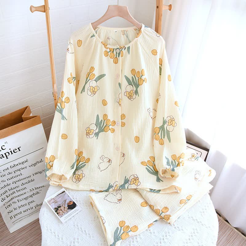 Ownkoti Tulip & Bunny Cotton Gauze Pajama Set - Apricot - Crew Neck - XL - image 9