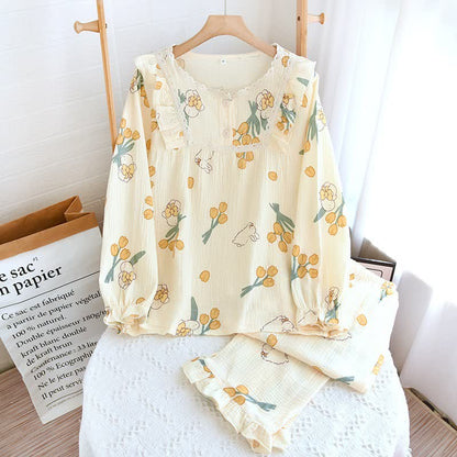 Ownkoti Tulip & Bunny Cotton Gauze Pajama Set - Apricot - Lace Crew Neck - XL - image 0