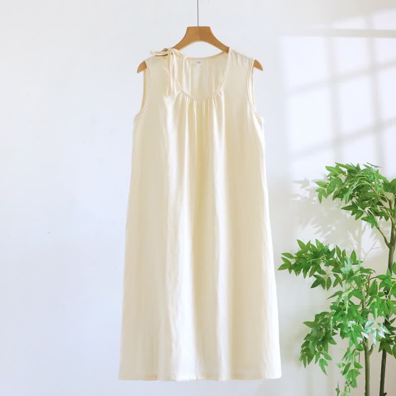 Ownkoti Minimalist Solid Color Cotton Sleeveless Nightgown - Beige - XL - image 5