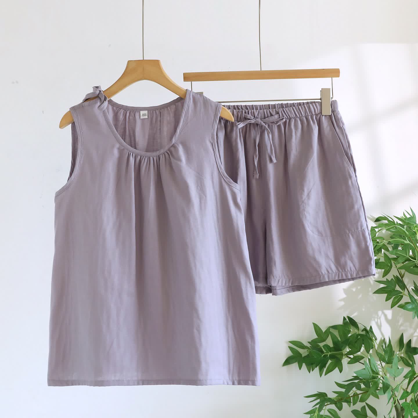 Ownkoti Solild Cotton Double Gauze Sleeveless Pajamas - Purple - XL - image 4