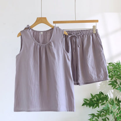 Ownkoti Solild Cotton Double Gauze Sleeveless Pajamas - Purple - XL - image 4