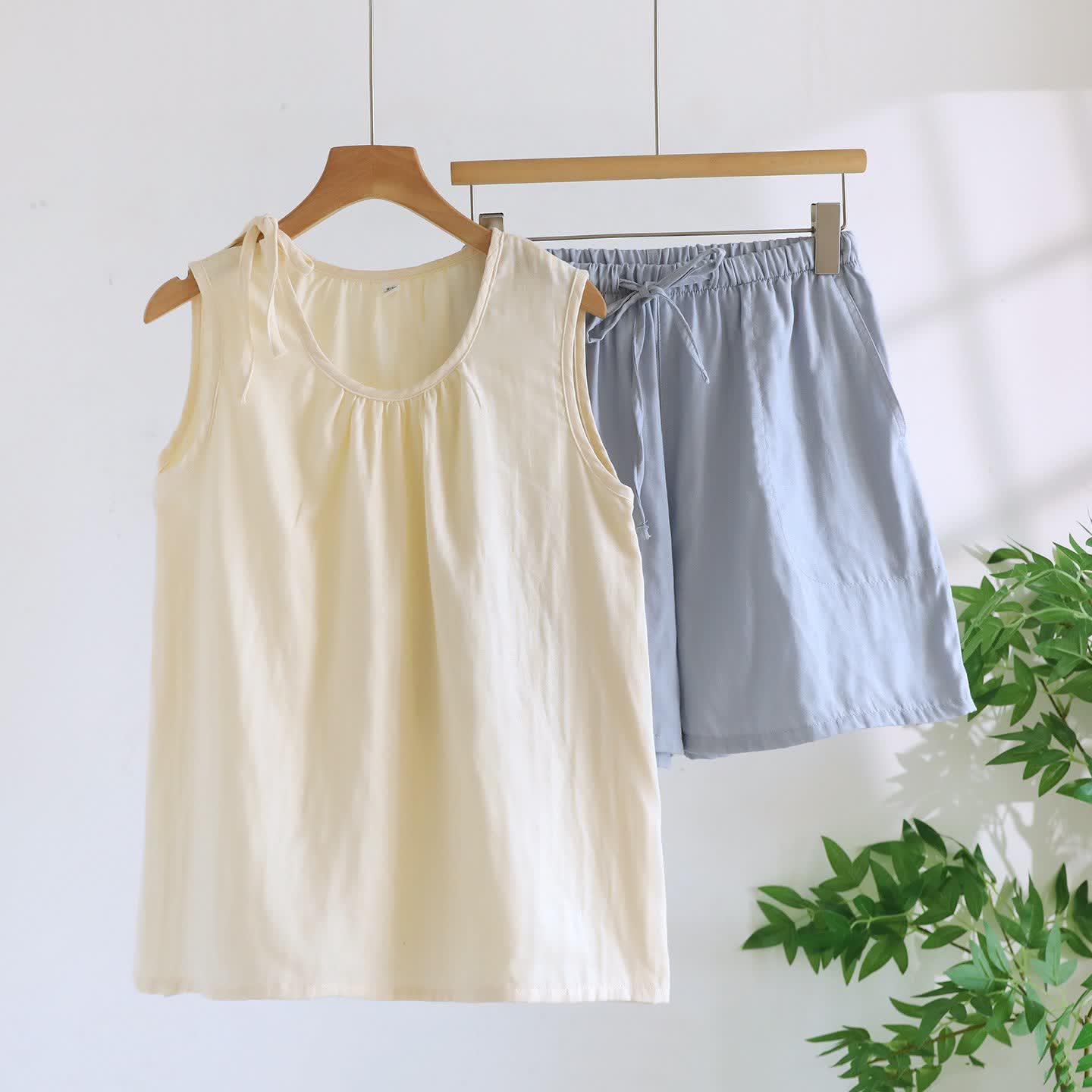 Ownkoti Solild Cotton Double Gauze Sleeveless Pajamas - Beige & Blue - XL - image 8