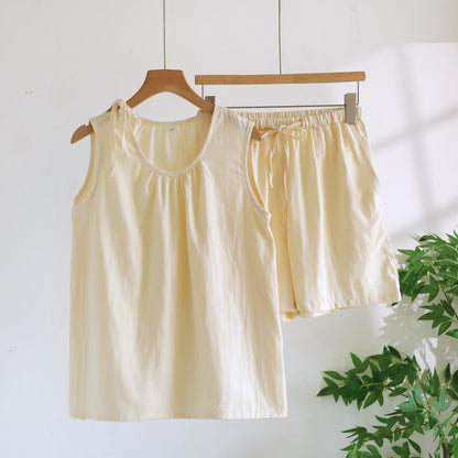 Ownkoti Solild Cotton Double Gauze Sleeveless Pajamas - Beige - XL - image 6