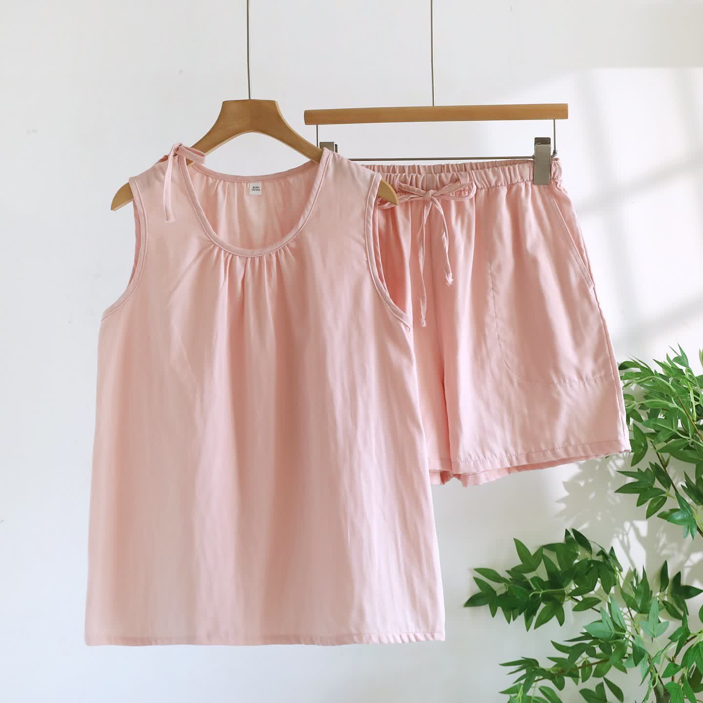 Ownkoti Solild Cotton Double Gauze Sleeveless Pajamas - Pink - XL - image 2