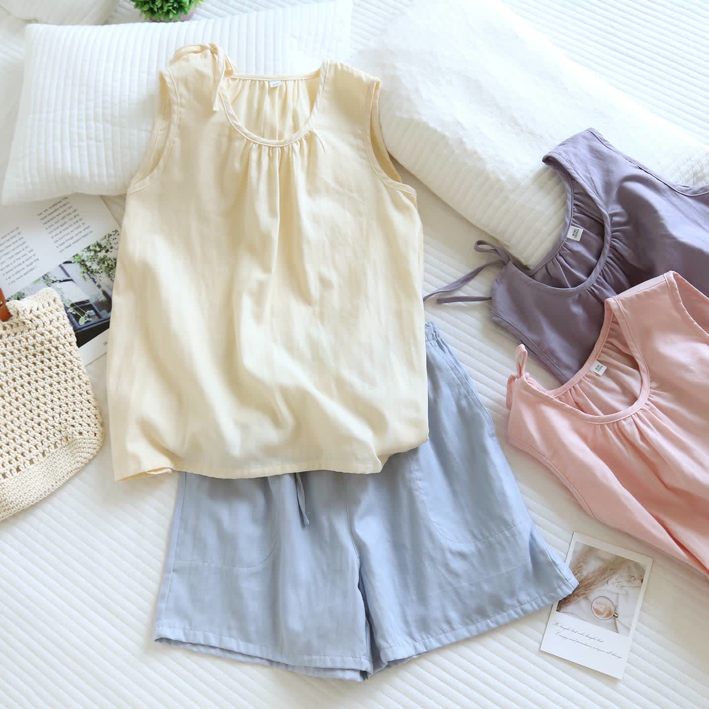 Ownkoti Solild Cotton Double Gauze Sleeveless Pajamas - image 1