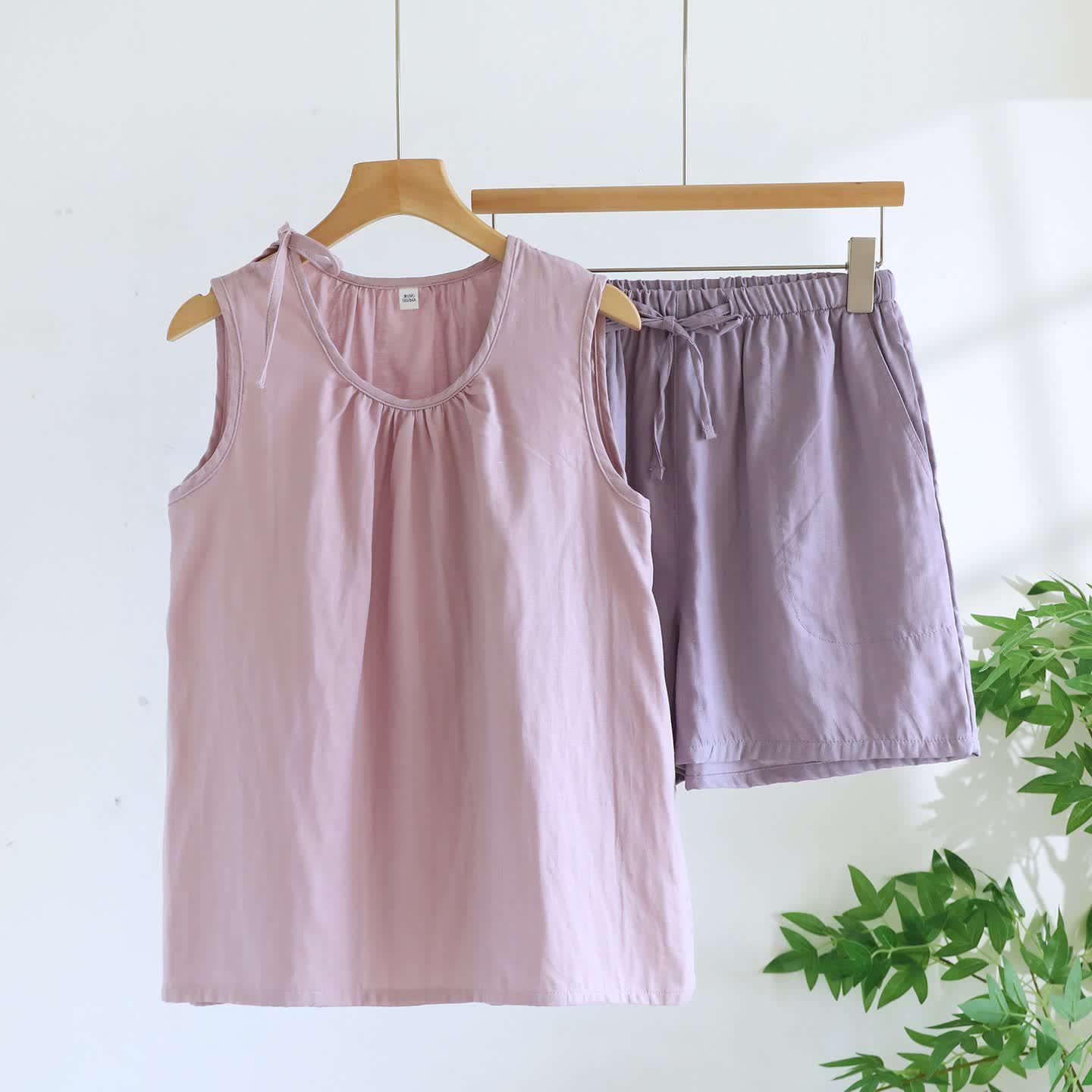 Ownkoti Solild Cotton Double Gauze Sleeveless Pajamas - Light Purple & Purple - XL - image 9