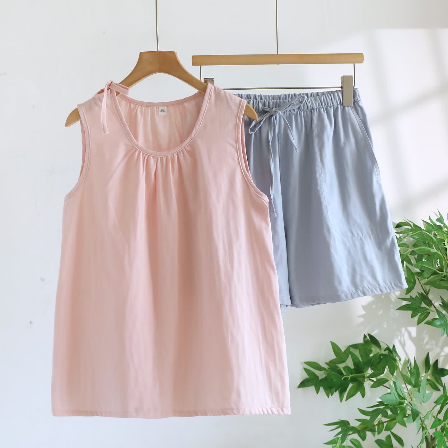 Ownkoti Solild Cotton Double Gauze Sleeveless Pajamas - Pink & Blue - XL - image 7