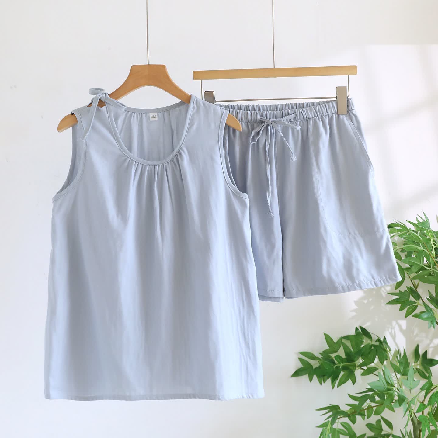 Ownkoti Solild Cotton Double Gauze Sleeveless Pajamas - Blue - XL - image 3