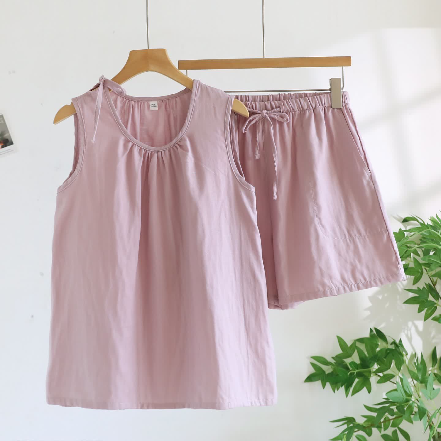 Ownkoti Solild Cotton Double Gauze Sleeveless Pajamas - Light Purple - XL - image 5