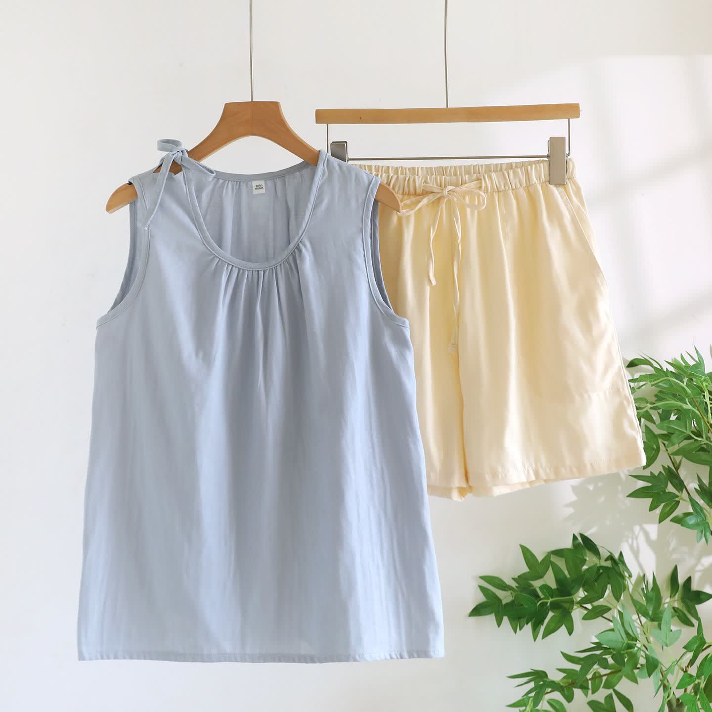 Ownkoti Solild Cotton Double Gauze Sleeveless Pajamas - Blue & Beige - XL - image 10