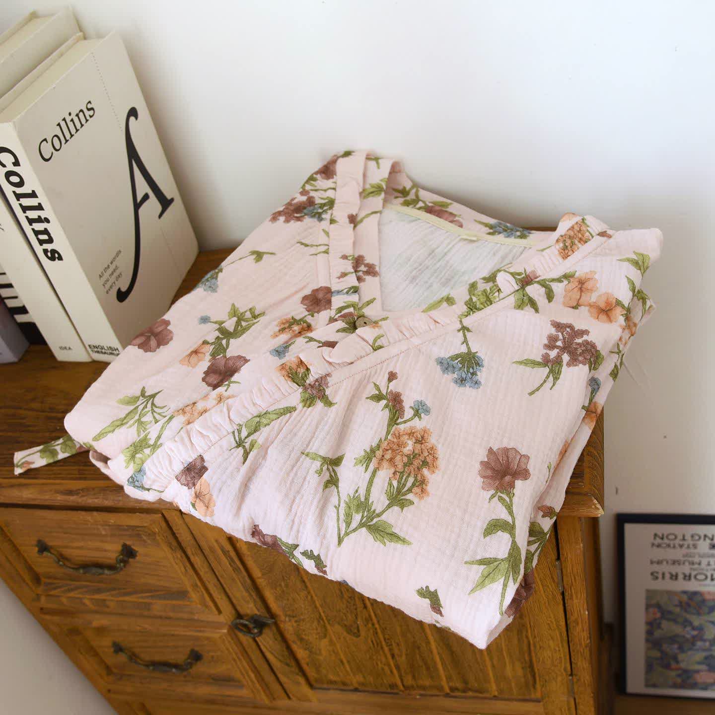 Ownkoti Floral Cotton Gauze Ruffled Neck  Robe - image 1