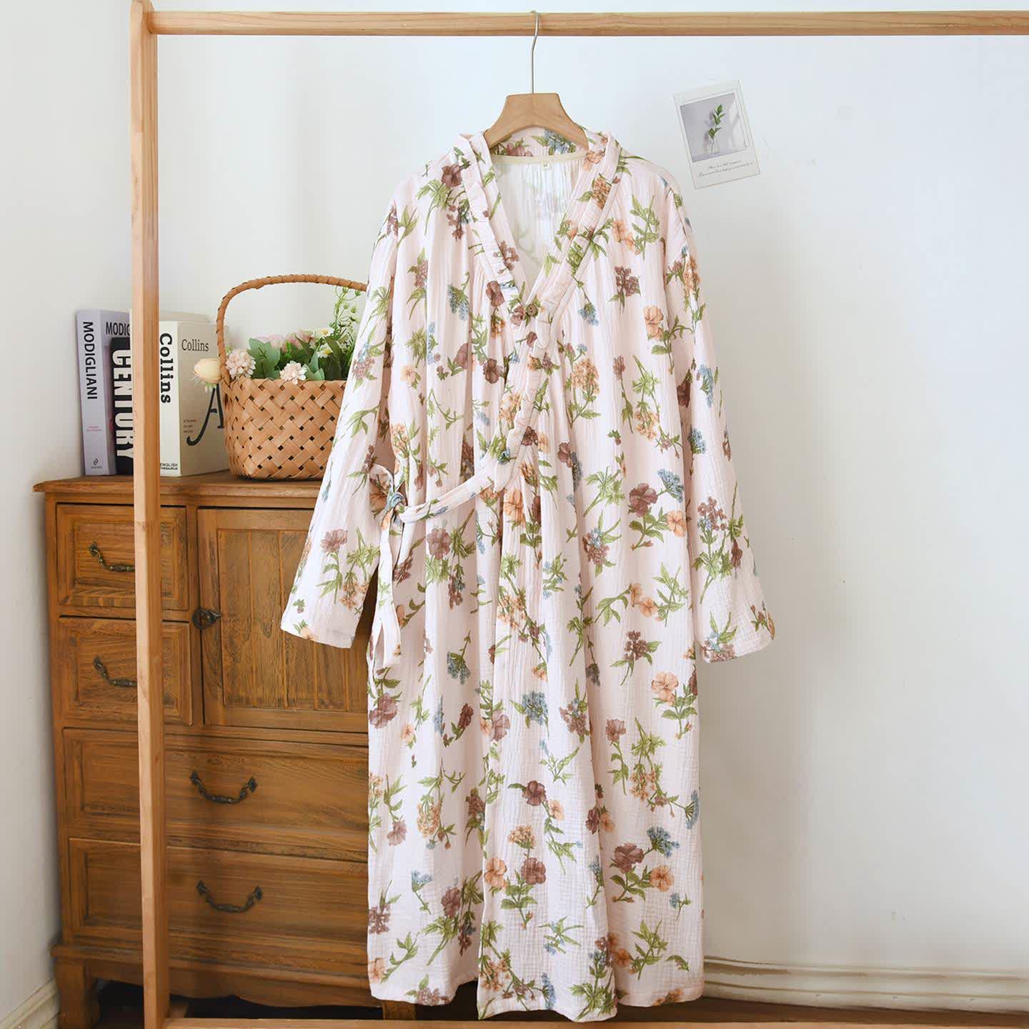 Ownkoti Floral Cotton Gauze Ruffled Neck Robe - Beige - L - image 0