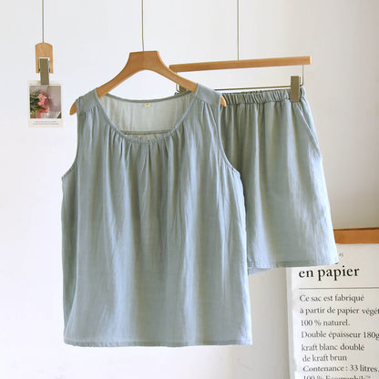 Ownkoti Solid Cotton Gauze Tank & Shorts Set - Green - XL - image 10