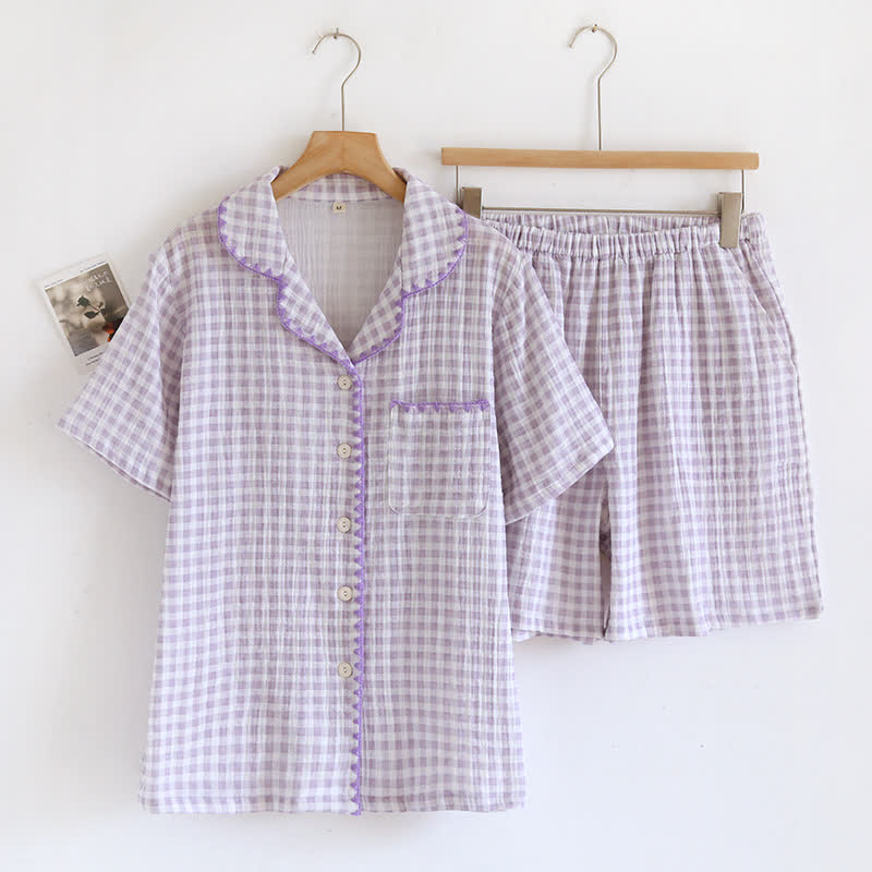 Ownkoti Plaid Cotton Gauze Pajamas with Embroidered Trim - Purple - XL - image 6