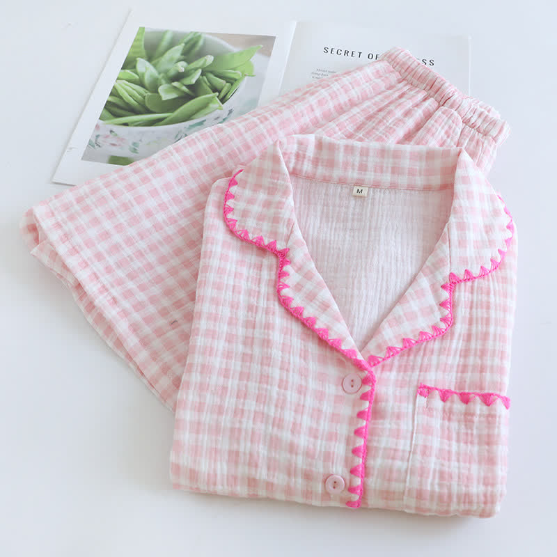 Ownkoti Plaid Cotton Gauze Pajamas with Embroidered Trim - image 5