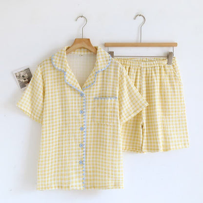 Ownkoti Plaid Cotton Gauze Pajamas with Embroidered Trim - Yellow - XL - image 8