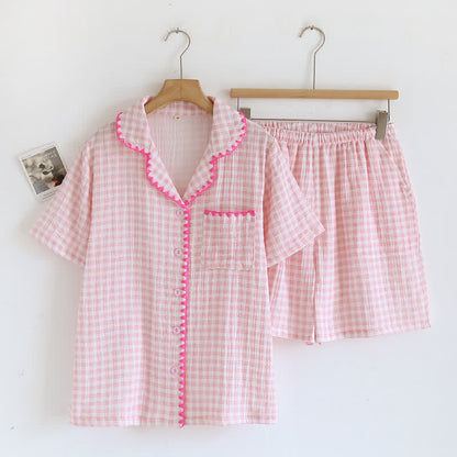 Ownkoti Plaid Cotton Gauze Pajamas with Embroidered Trim - Pink - XL - image 4