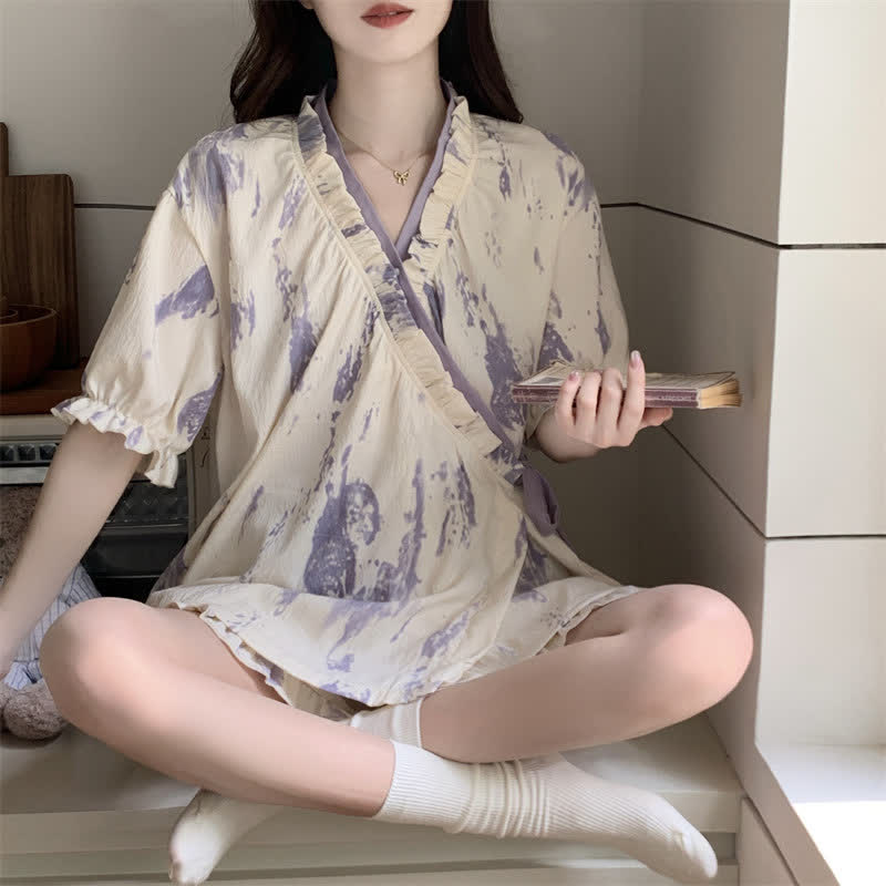 Ownkoti Artistic Pattern Ruffle Sleeve Pajamas - image 1