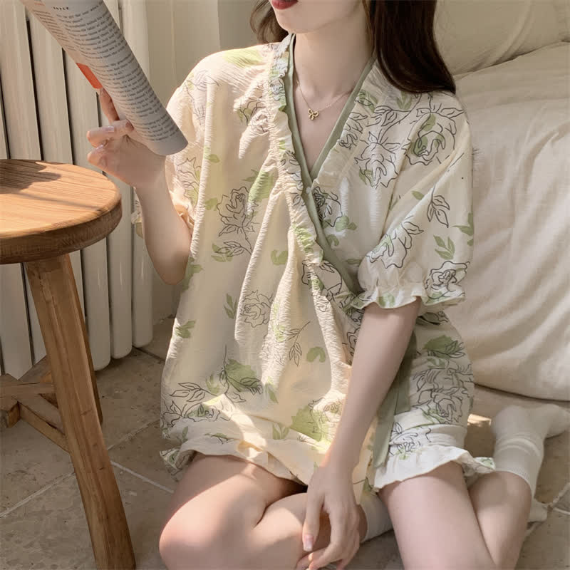 Ownkoti Artistic Rose Ruffle Sleeve Pajama Set - image 1