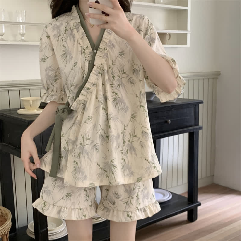 Ownkoti Elegant Bamboo Leaf Ruffle Sleeve Pajamas - image 1