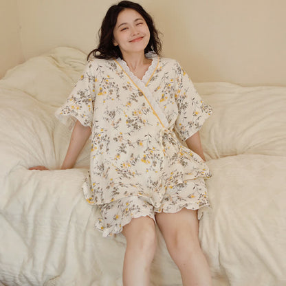 Ownkoti Yellow Floral Cotton Gauze Pajama Set - Beige - XXL - image 0