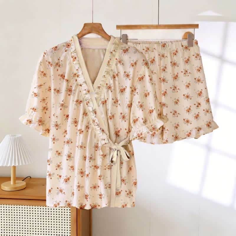 Ownkoti Country Style Floral Ruffle Sleeve Pajamas - Beige - 3XL - image 0