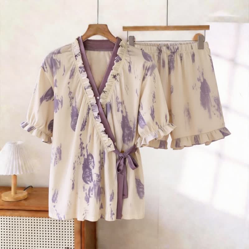 Ownkoti Artistic Pattern Ruffle Sleeve Pajamas - Beige & Purple - 3XL - image 0