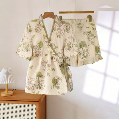 Ownkoti Artistic Rose Ruffle Sleeve Pajama Set - Beige & Green - 3XL - image 0
