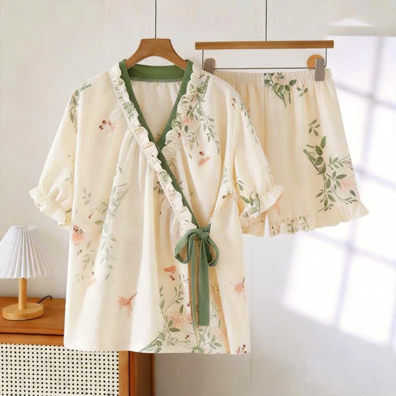 Ownkoti Rustic Butterfly & Leaf Ruffle Sleeve Pajamas - Beige & Green - XXL - image 0