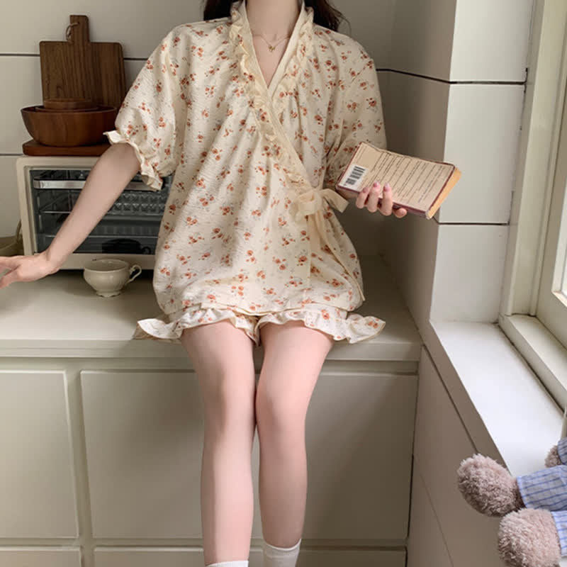 Ownkoti Country Style Floral Ruffle Sleeve Pajamas - image 2