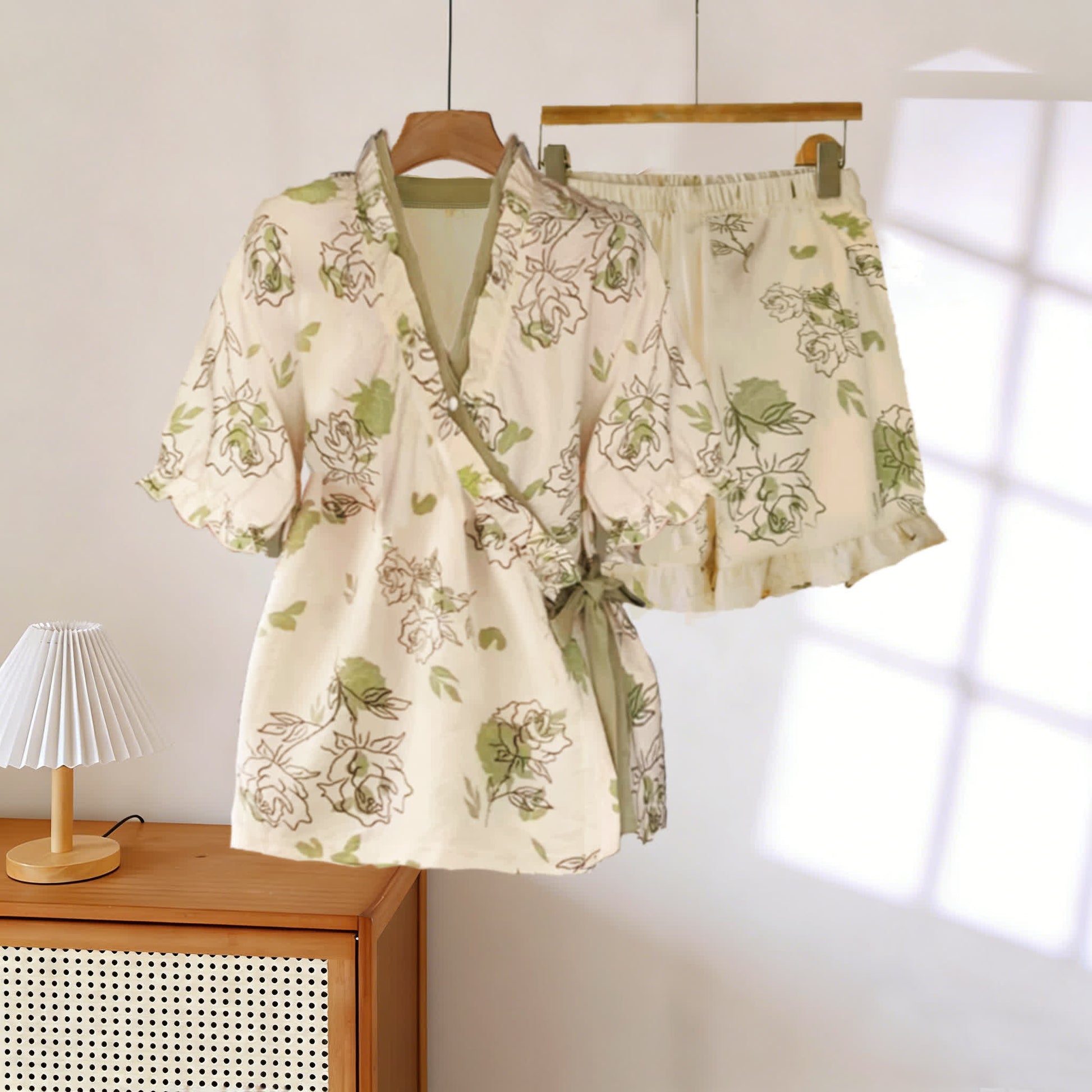 Ownkoti Artistic Rose Ruffle Sleeve Pajama Set - Beige & Green - 3XL - image 0