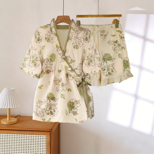 Ownkoti Artistic Rose Ruffle Sleeve Pajama Set - Beige & Green - 3XL - image 0