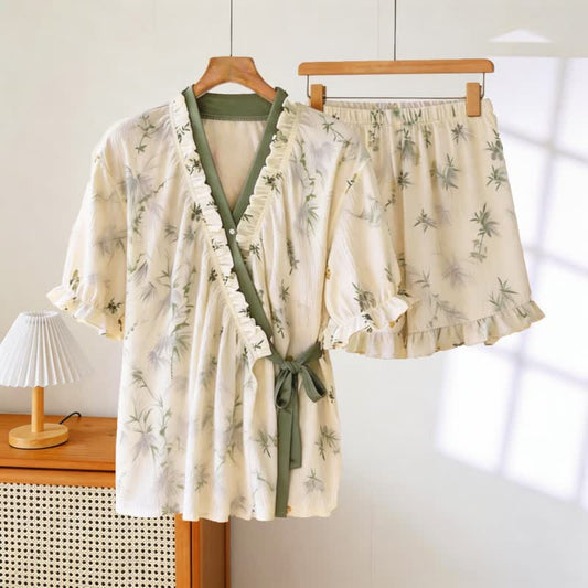 Ownkoti Elegant Bamboo Leaf Ruffle Sleeve Pajamas - Beige & Green - XXL - image 0