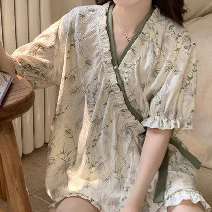 Ownkoti Elegant Bamboo Leaf Ruffle Sleeve Pajamas - image 2