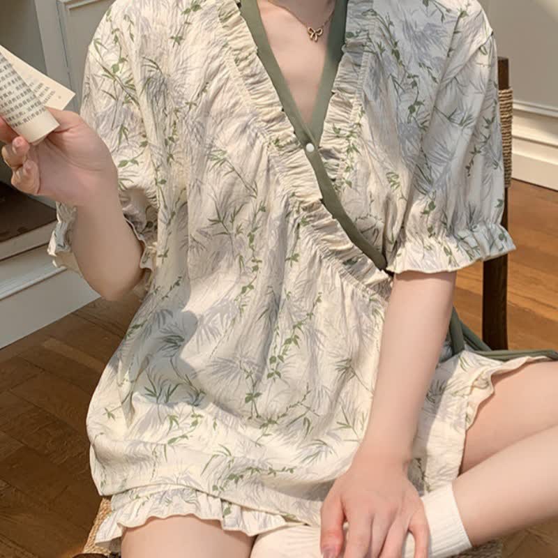 Ownkoti Elegant Bamboo Leaf Ruffle Sleeve Pajamas - image 3